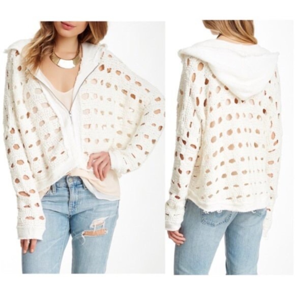 Free People Flurry Hooded Open Knit Zip Up